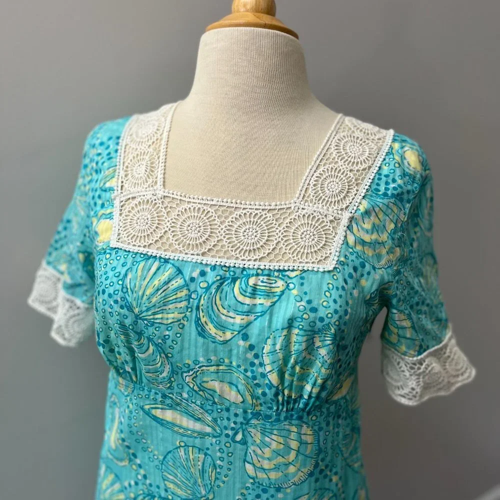 Lilly Pulitzer Aqua Seashell Print Crochet Lace Dress Sz S